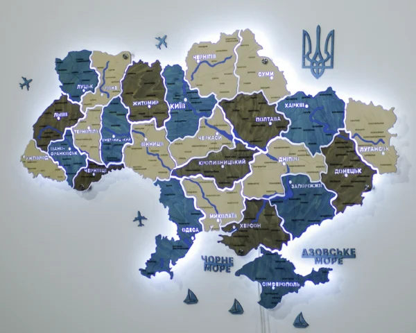 Настінна карта України на акрилі з річками та LED-підсвіткою між областями колір Nord
