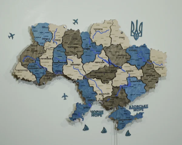 Настінна карта України на акрилі з річками та LED-підсвіткою між областями колір Nord