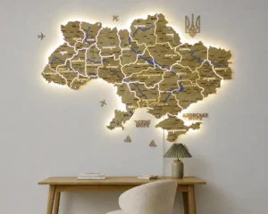 Настінна карта України на акрилі з річками та підсвіткою між областями колір Oak