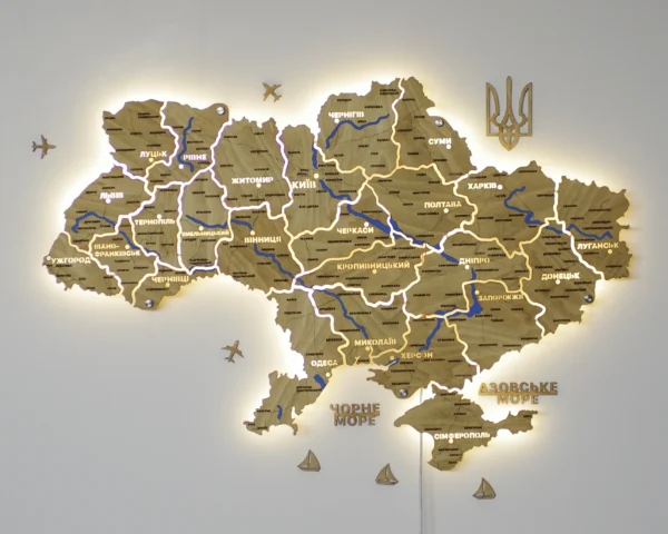Настінна карта України на акрилі з річками та підсвіткою між областями  колір Oak