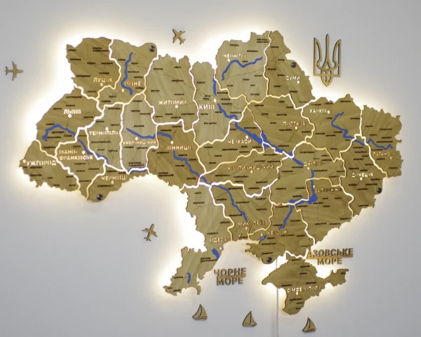 Настінна карта України на акрилі з річками та підсвіткою між областями  колір Oak