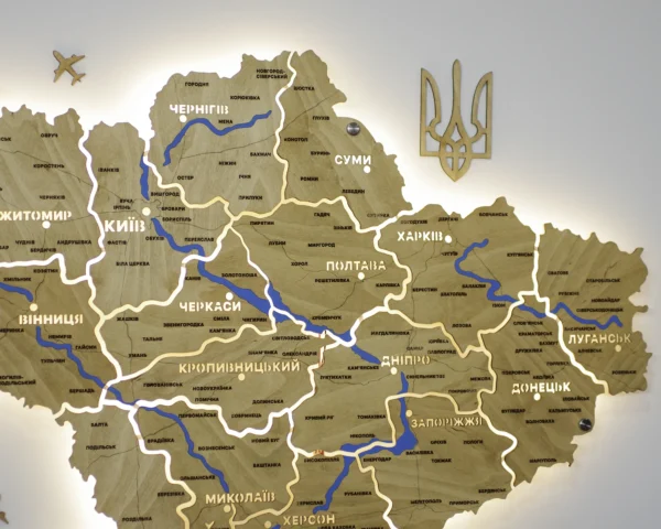 Настінна карта України на акрилі з річками та підсвіткою між областями  колір Oak