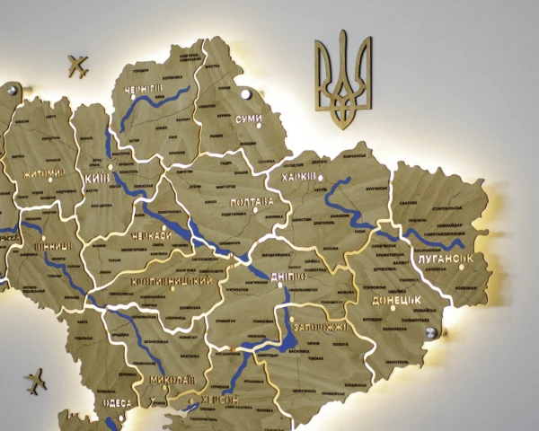 Настінна карта України на акрилі з річками та підсвіткою між областями  колір Oak