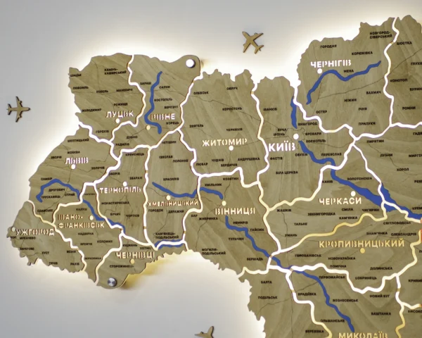 Настінна карта України на акрилі з річками та підсвіткою між областями  колір Oak