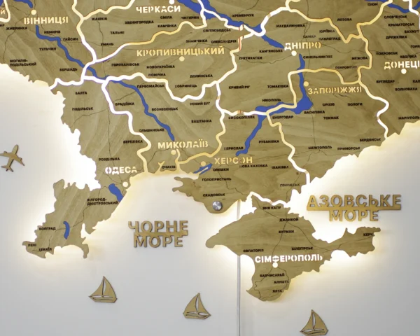 Настінна карта України на акрилі з річками та підсвіткою між областями  колір Oak