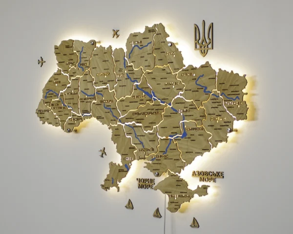 Настінна карта України на акрилі з річками та підсвіткою між областями  колір Oak