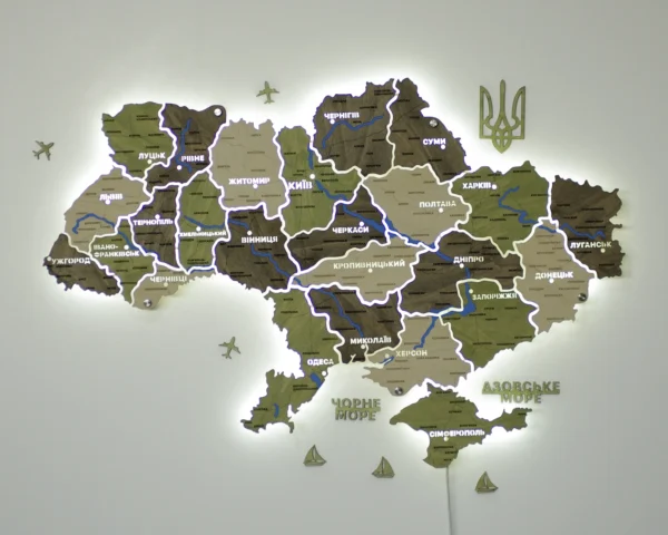 Карта України з LED-підсвіткою між областями та мальованими річками колір Olive