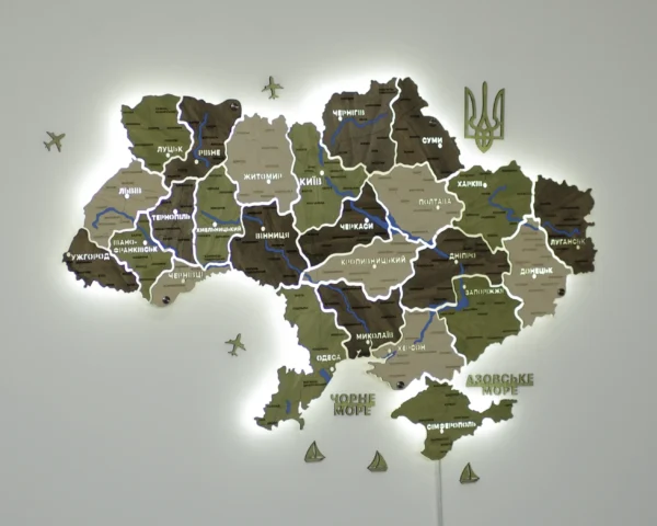 Карта України з LED-підсвіткою між областями та мальованими річками колір Olive