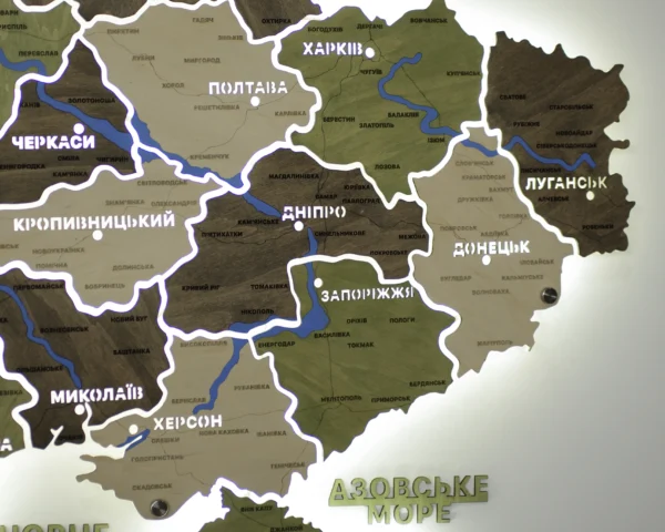 Карта України з LED-підсвіткою між областями та мальованими річками колір Olive