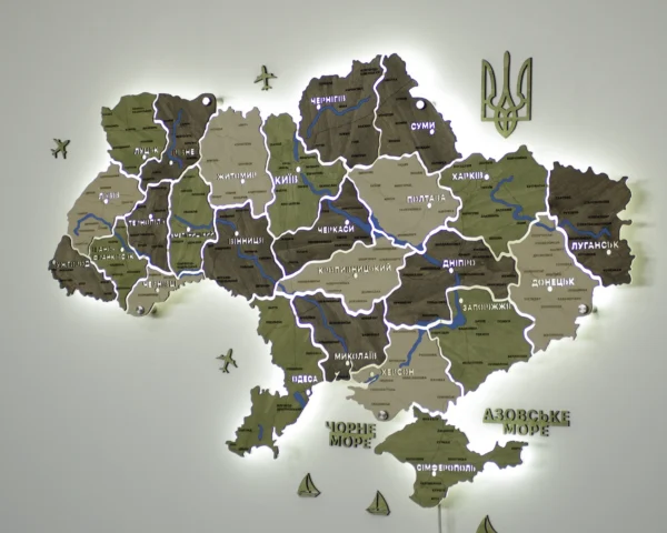 Карта України з LED-підсвіткою між областями та мальованими річками колір Olive