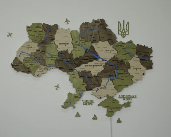 Карта України з LED-підсвіткою між областями та мальованими річками колір Olive