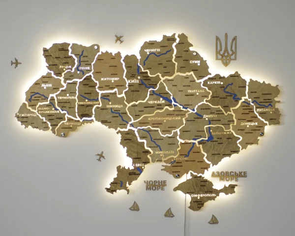 Карта України на акрилі з підсвіткою між областями та річками колір Sand