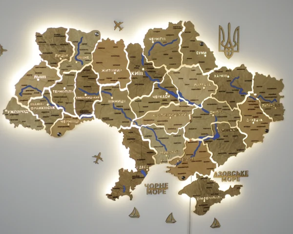 Карта України на акрилі з підсвіткою між областями та річками колір Sand