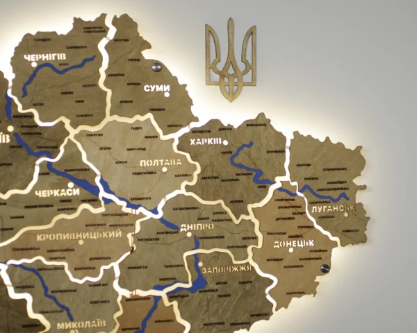 Карта України на акрилі з підсвіткою між областями та річками колір Sand