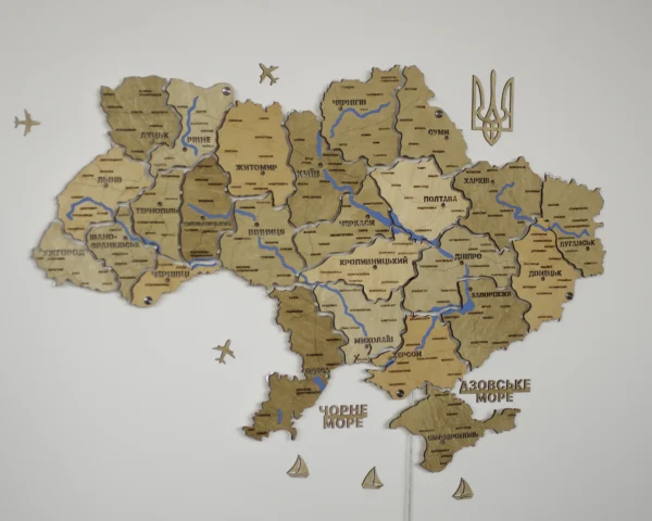 Карта України на акрилі з підсвіткою між областями та річками колір Sand