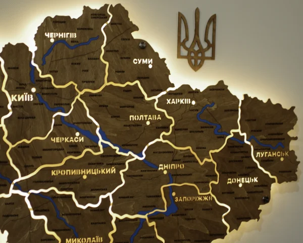 Деревʼяна карта України на стіну з річками та підсвіткою між областями колір Wood