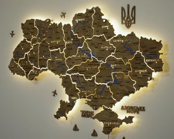Деревʼяна карта України на стіну з річками та підсвіткою між областями колір Wood