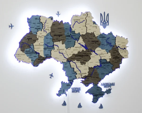 Деревʼяна карта України з фарбованими річками та підсвіткою по контуру колір Nord