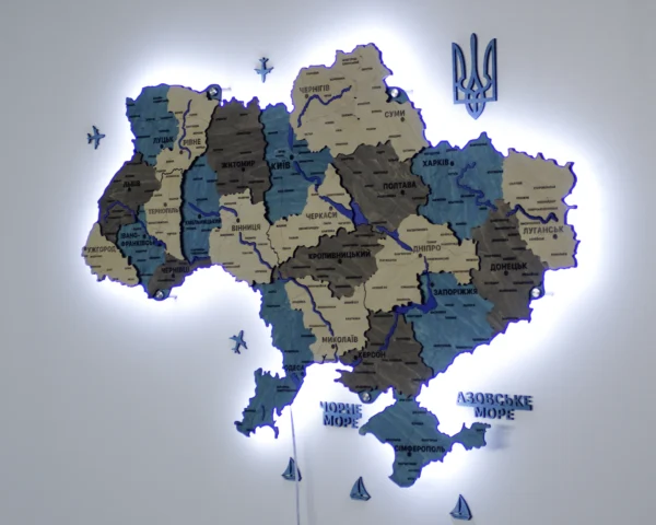 Деревʼяна карта України з фарбованими річками та підсвіткою по контуру колір Nord