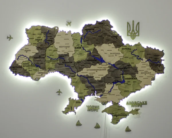 Деревʼяна 3D карта України з мальованими річками та підсвіткою по контуру колір Olive
