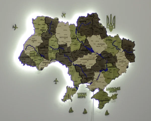 Деревʼяна 3D карта України з мальованими річками та підсвіткою по контуру колір Olive