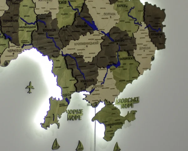 Деревʼяна 3D карта України з мальованими річками та підсвіткою по контуру колір Olive