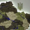 Деревʼяна 3D карта України з мальованими річками та підсвіткою по контуру колір Olive