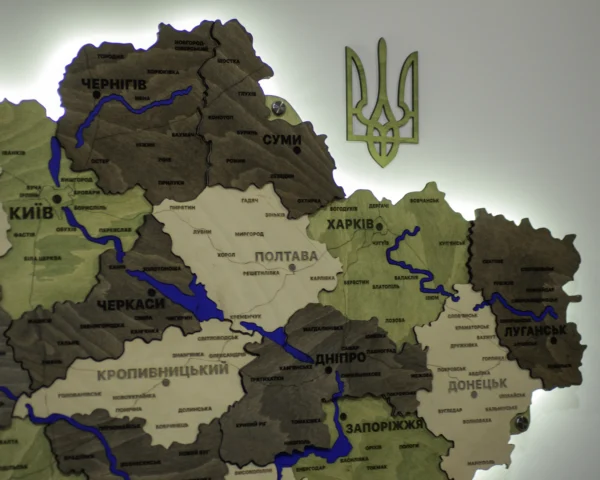 Деревʼяна 3D карта України з мальованими річками та підсвіткою по контуру колір Olive