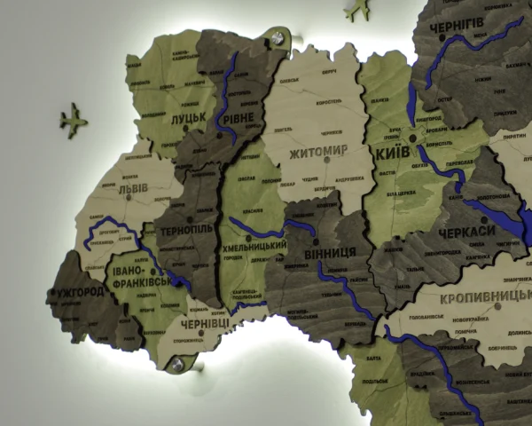 Деревʼяна 3D карта України з мальованими річками та підсвіткою по контуру колір Olive
