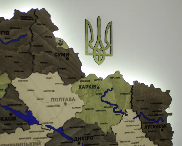 Деревʼяна 3D карта України з мальованими річками та підсвіткою по контуру колір Olive