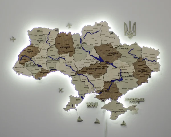 Карта України із дерева з мальованими річками та підсвіткою по контуру колір Soft