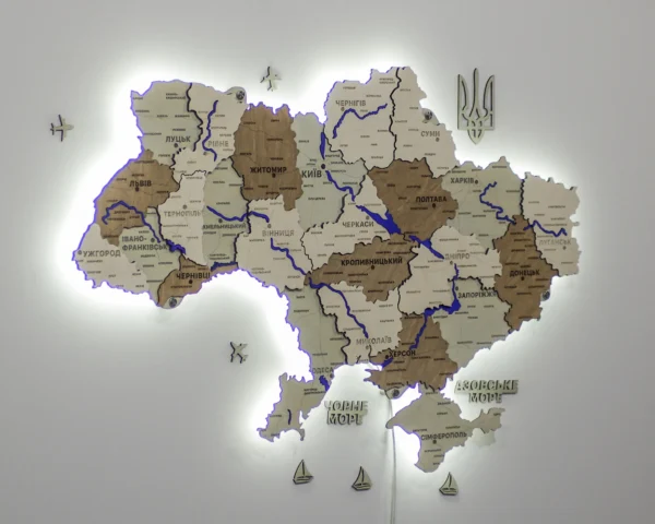 Карта України із дерева з мальованими річками та підсвіткою по контуру колір Soft