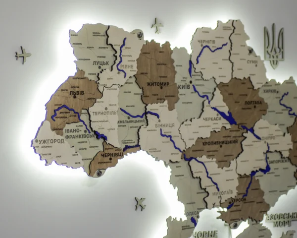 Карта України із дерева з мальованими річками та підсвіткою по контуру колір Soft