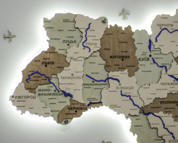 Карта України із дерева з мальованими річками та підсвіткою по контуру колір Soft