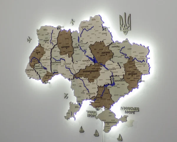 Карта України із дерева з мальованими річками та підсвіткою по контуру колір Soft