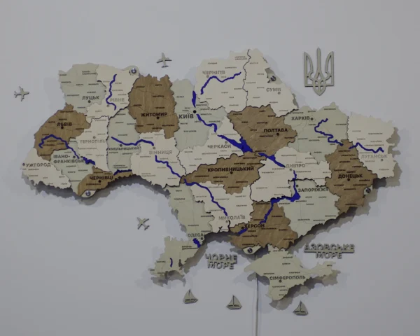 Карта України із дерева з мальованими річками та підсвіткою по контуру колір Soft