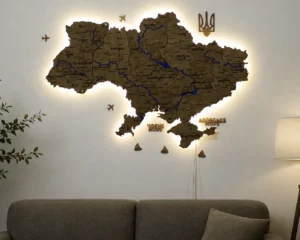 Карта України із дерева 3D з фарбованими річками та підсвіткою по контуру колір Wood