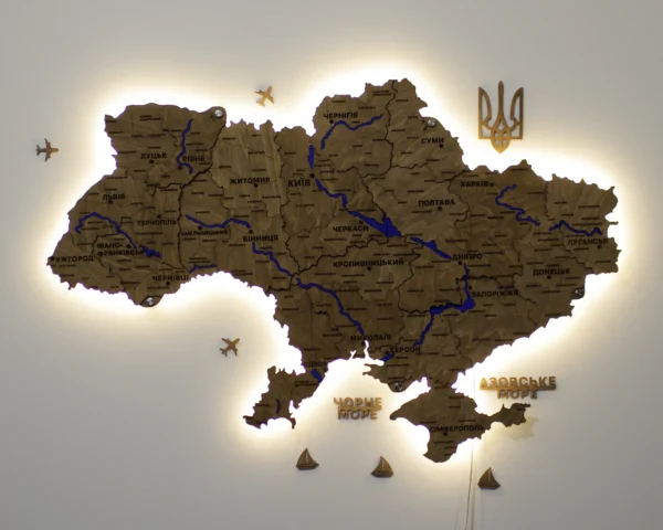 Карта України із дерева 3D з фарбованими річками та підсвіткою по контуру колір Wood