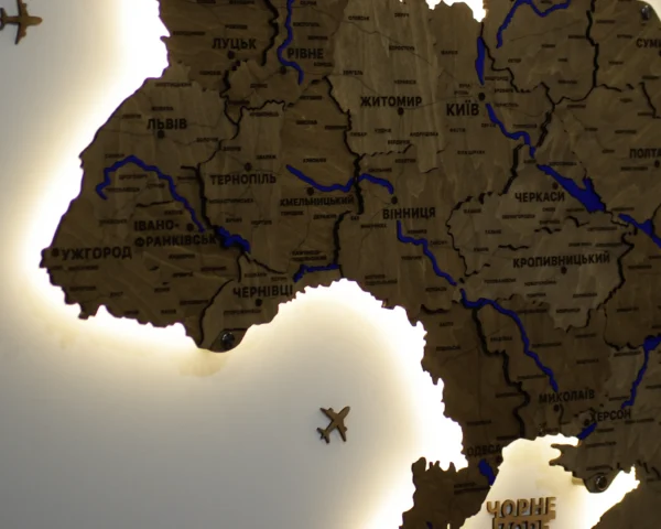 Карта України із дерева 3D з фарбованими річками та підсвіткою по контуру колір Wood