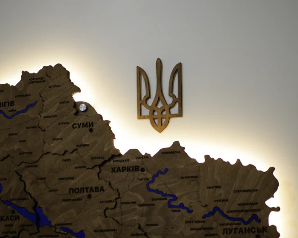 Карта України із дерева 3D з фарбованими річками та підсвіткою по контуру колір Wood