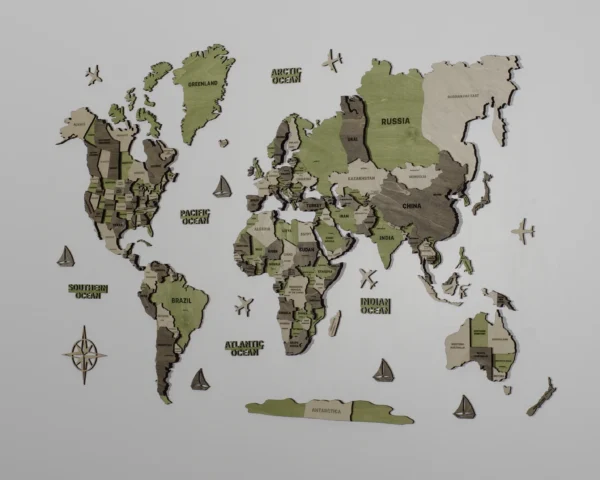 Багатошарова мапа світу на стіну без підсвітки колір Olive