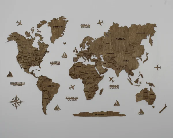 Деревʼяна карта світу 3D на стіну без підсвітки колір Wood