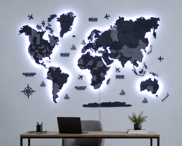 багатошарова мапа світу з LED-підсвіткою колір Grey