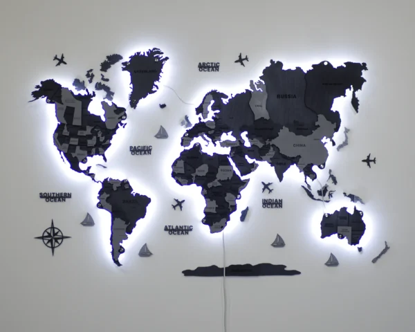 Настінна багатошарова мапа світу з LED-підсвіткою колір Grey